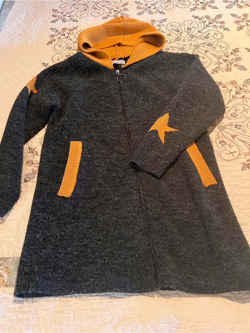 Women's Hooded Zip Raincoat in Charcoal with Mustard Accents
